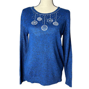 Croft & Barrow Women's Sweater Size S in Blue and Black w/Rhinestone Ornaments